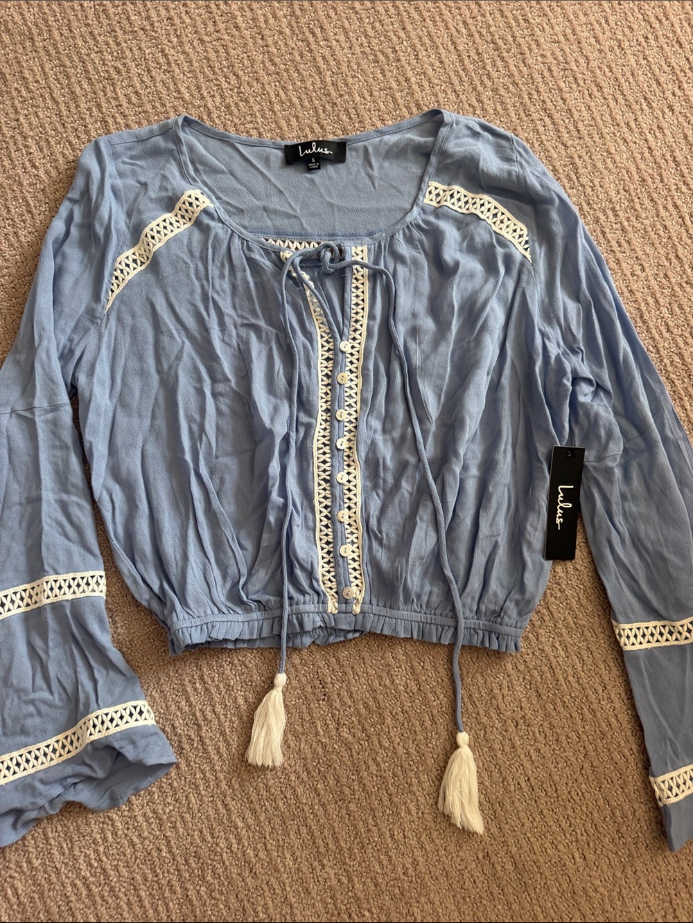 Lulu's Light Blue Crochet-Trim Tie-Front Peasant Blouse